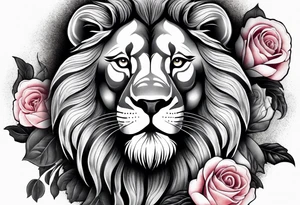 Powerful lion roaring surrounded by roses tattoo idea