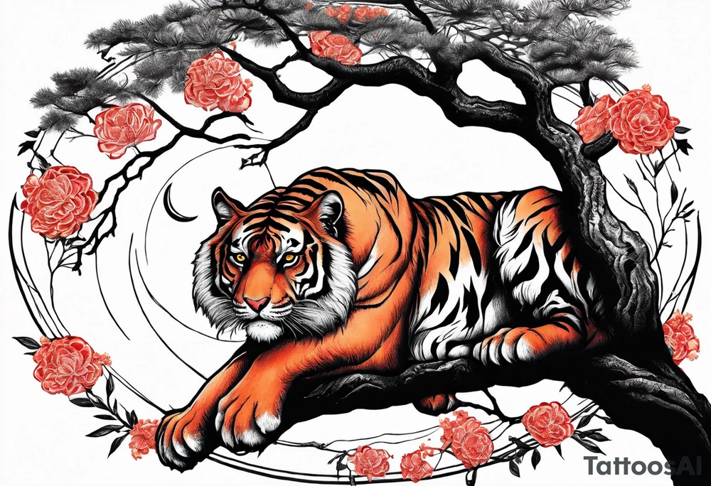 Tiger lies of branch of a tree that has little red flowers. There is raven on the tiger’s head. And the red crescent moon behind. tattoo idea