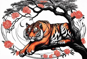 Tiger lies of branch of a tree that has little red flowers. There is raven on the tiger’s head. And the red crescent moon behind. tattoo idea