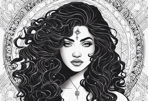 A shadow of a woman's head with long curly hair like Merida from Brave movie and her hair is made of stars planets and galaxies. Just the shadow of the woman no face tattoo idea