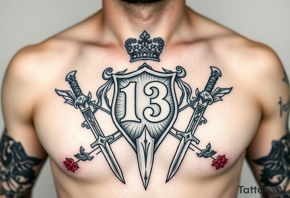 Family crest from Ireland with the Number 13, The Toledo Mudhens Baseball Team, And Demonic And Midevel dagger Featurs Made Into a full chest tattoo tattoo idea