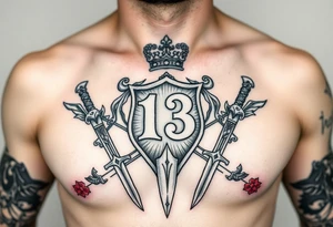 Family crest from Ireland with the Number 13, The Toledo Mudhens Baseball Team, And Demonic And Midevel dagger Featurs Made Into a full chest tattoo tattoo idea
