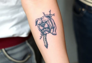 english bulldog biting branch hanging from tree medieval woodcut tattoo idea