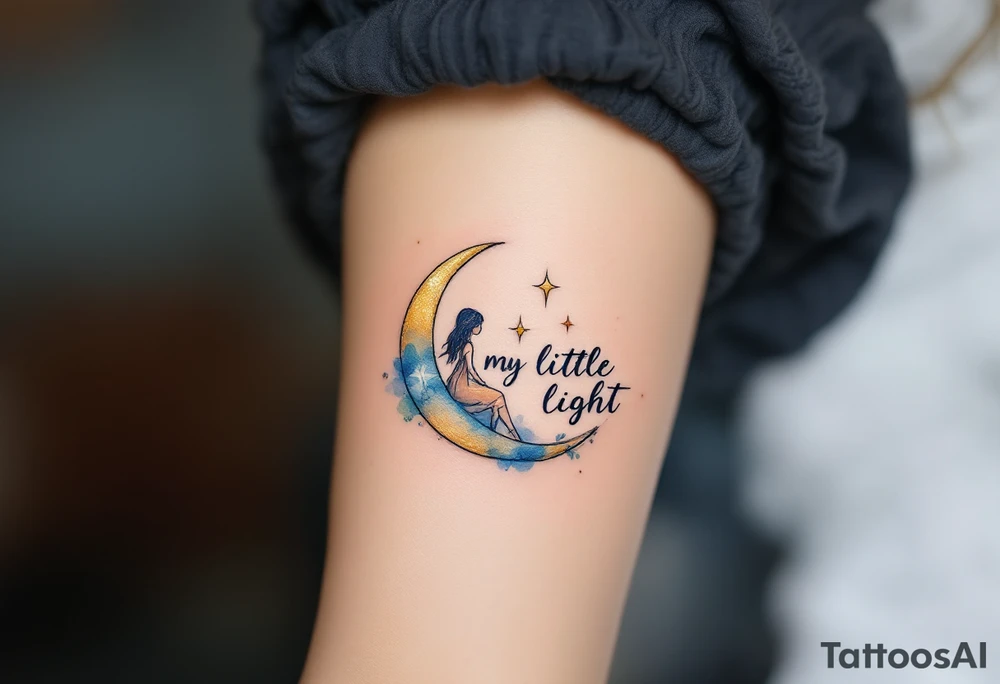A crescent moon and small star in gold and soft blue with little girl sitting on the Moon “My Little Light” in flowing script. tattoo idea
