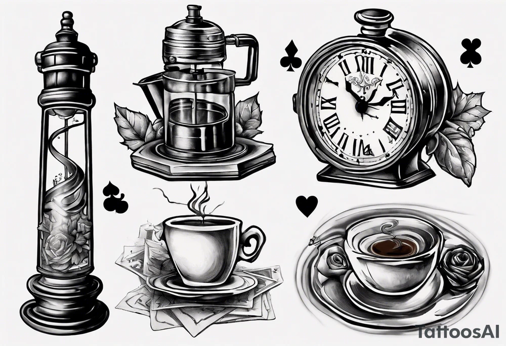 mounting landscape.
In a middle an antique clock at 9:44pm. across the tattoo a cinema film. And on top a game of poker 4 cards. a Grandma's walking stick and 
A real Italian coffee maker. tattoo idea