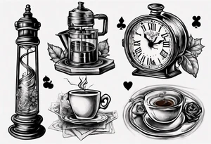 mounting landscape.
In a middle an antique clock at 9:44pm. across the tattoo a cinema film. And on top a game of poker 4 cards. a Grandma's walking stick and 
A real Italian coffee maker. tattoo idea