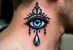 A black Nazar symbol (evil eye) with rich blue irises and a silver tear drop below. tattoo idea