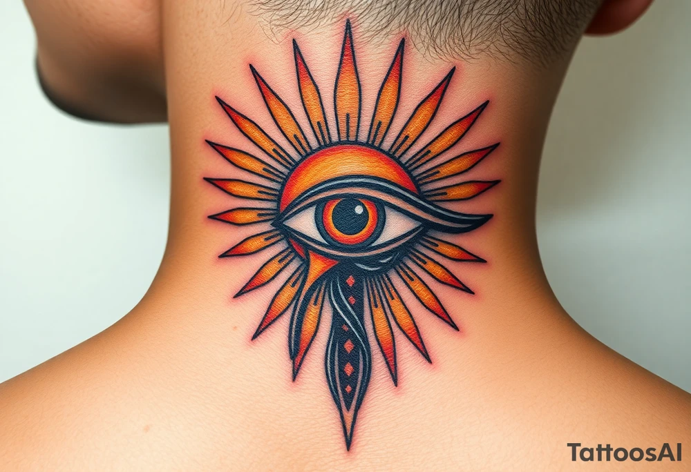 An Eye of Horus with a glowing golden sun behind it, casting rays of light in soft orange and yellow hues tattoo idea