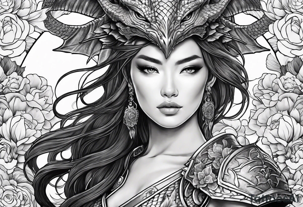 beautiful warrior woman wearing dragon armor and a floral background and a dragon a full picture tattoo idea
