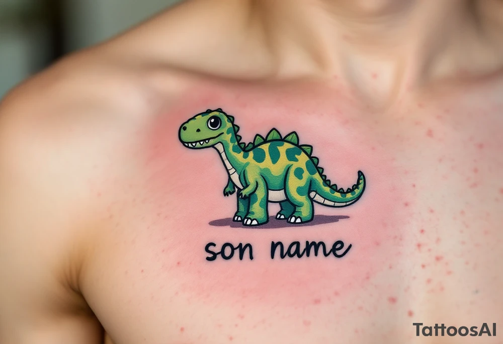 A tiny dinosaur in green and grey, with the son’s nickname written in playful bold font beneath. tattoo idea