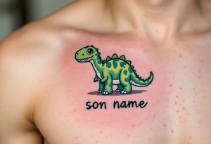 A tiny dinosaur in green and grey, with the son’s nickname written in playful bold font beneath. tattoo idea