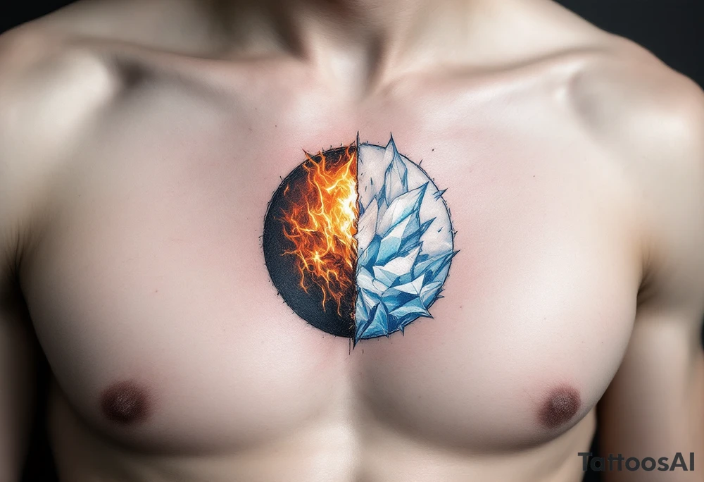 A small circle made of fire and ice: one half glowing orange-red, the other pale blue and white. tattoo idea