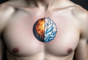 A small circle made of fire and ice: one half glowing orange-red, the other pale blue and white. tattoo idea