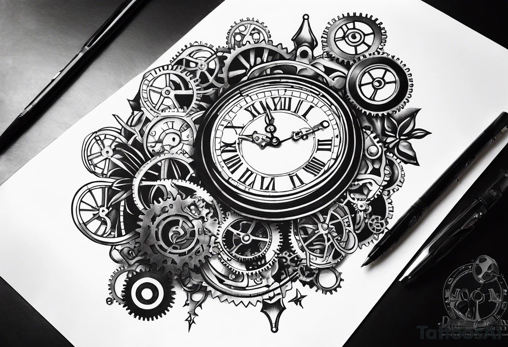 steampunk clock and machine parts tattoo idea