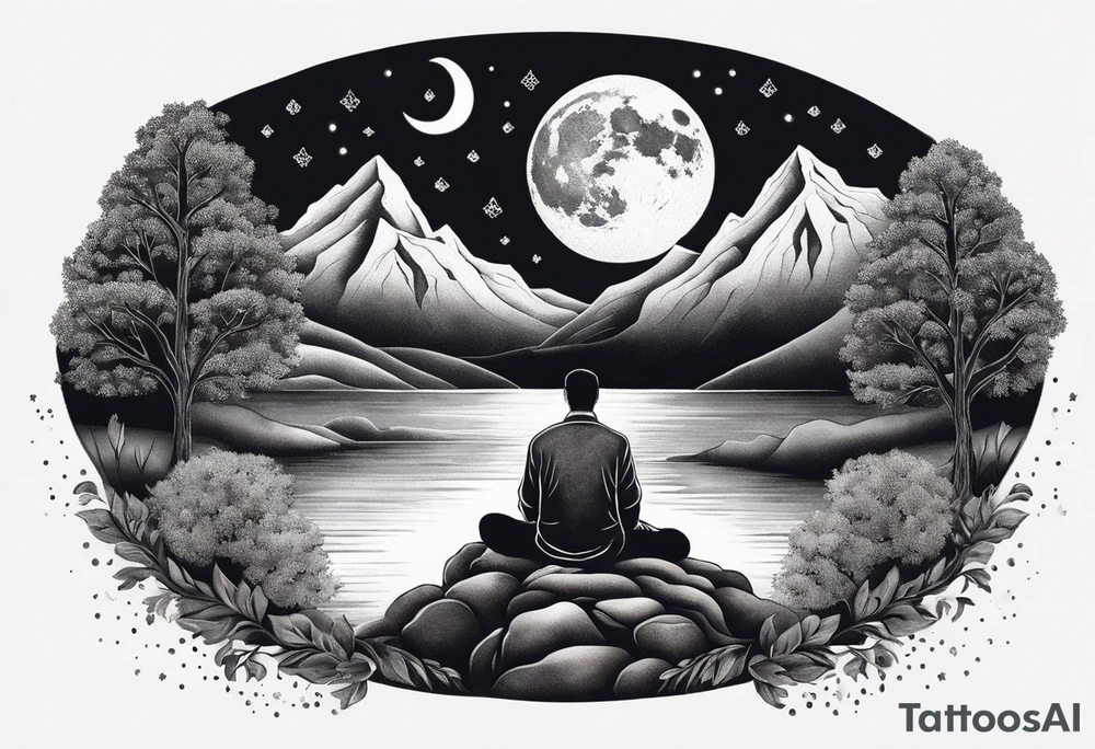 a family of three sitting in a nature with mountains, waterfall, water, and a cross in the background and and moon in the sky with stars tattoo idea