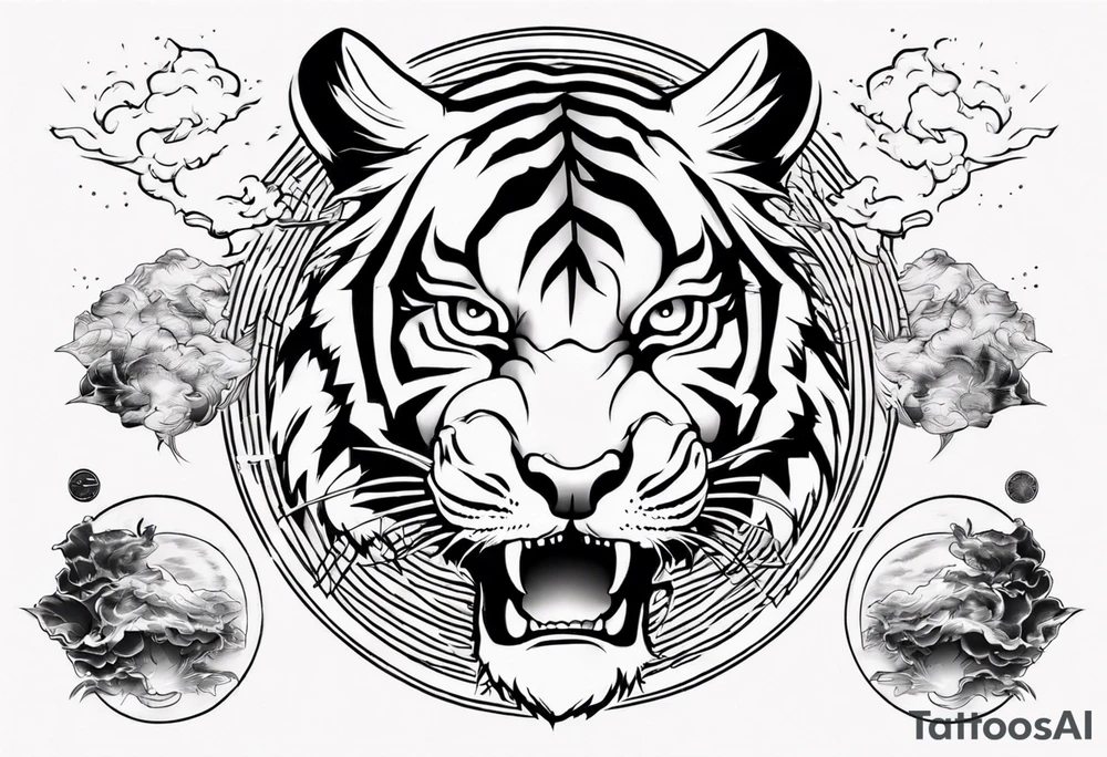 Tiger design with lightning and the sun for a forearm sleeve tattoo idea