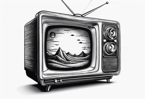 retro tv with broken screen that shows another world tattoo idea