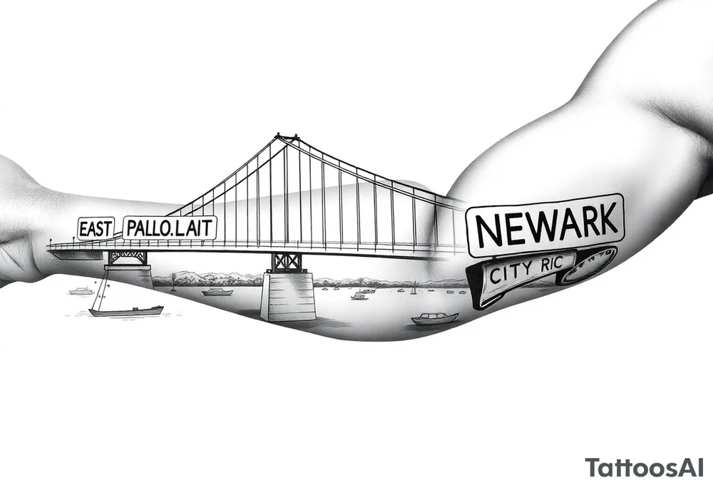 A bridge over water with two cities on the side. The city signs on the side of the bridge. East Palo Alto on the left and Newark on the right tattoo idea