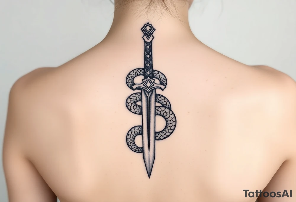 mystical snake coiled around an ancient dagger with jeweled hilt tattoo idea