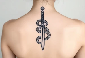 mystical snake coiled around an ancient dagger with jeweled hilt tattoo idea