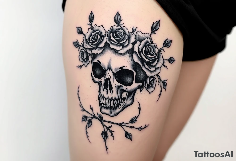 ornate skull adorned with crown of wild roses and thorns tattoo idea