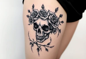 ornate skull adorned with crown of wild roses and thorns tattoo idea