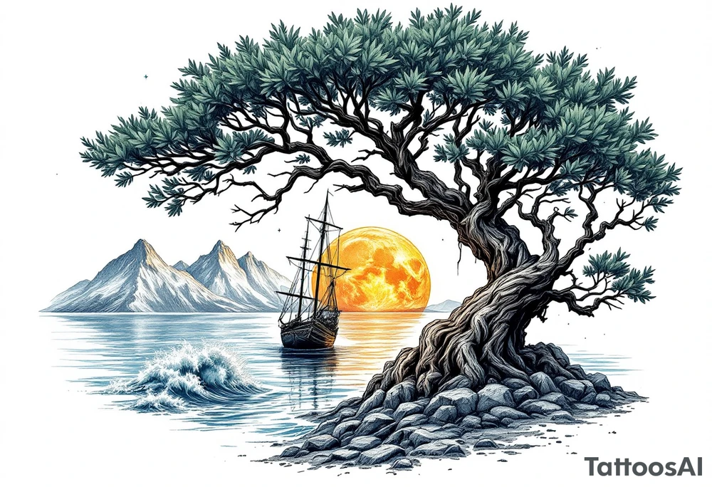 tattoo that has an acacia tree with mountains, ocean with a ship wreck and the northern star tattoo idea