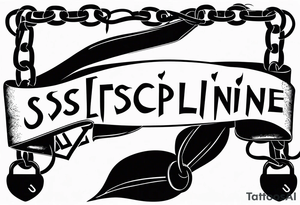 Tattoo of the word 'Self discipline' tied on both ends with metal chains and connected in the middle with a lock tattoo idea