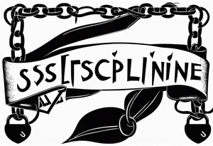 Tattoo of the word 'Self discipline' tied on both ends with metal chains and connected in the middle with a lock tattoo idea