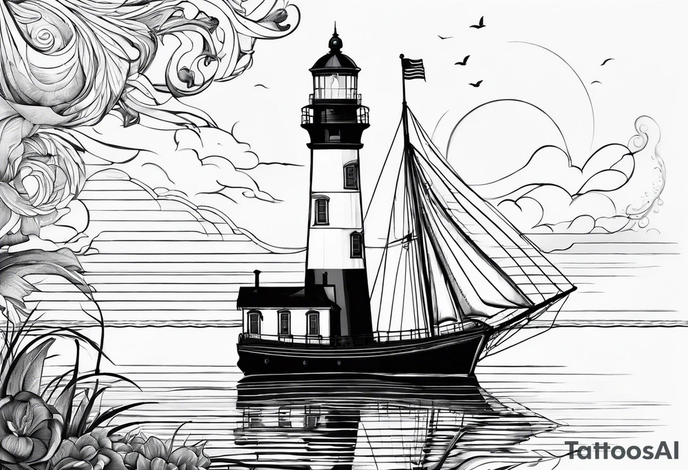 maritime lighthouse partially hidden by its large fixed sail. calm sea reflection. tattoo idea
