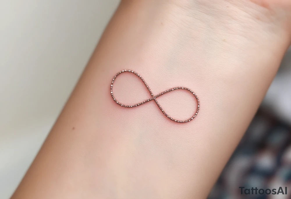 A thin, minimalist infinity outline in rose gold, with tiny white sparkles accenting the curves. tattoo idea