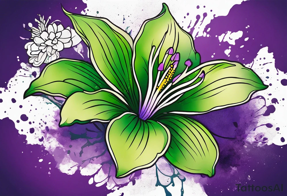 An outline of an only green rio dipladenia flower and a green and purple watercolor splash in the background tattoo idea