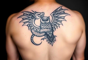 Tribal dragon and owl embracing tattoo idea