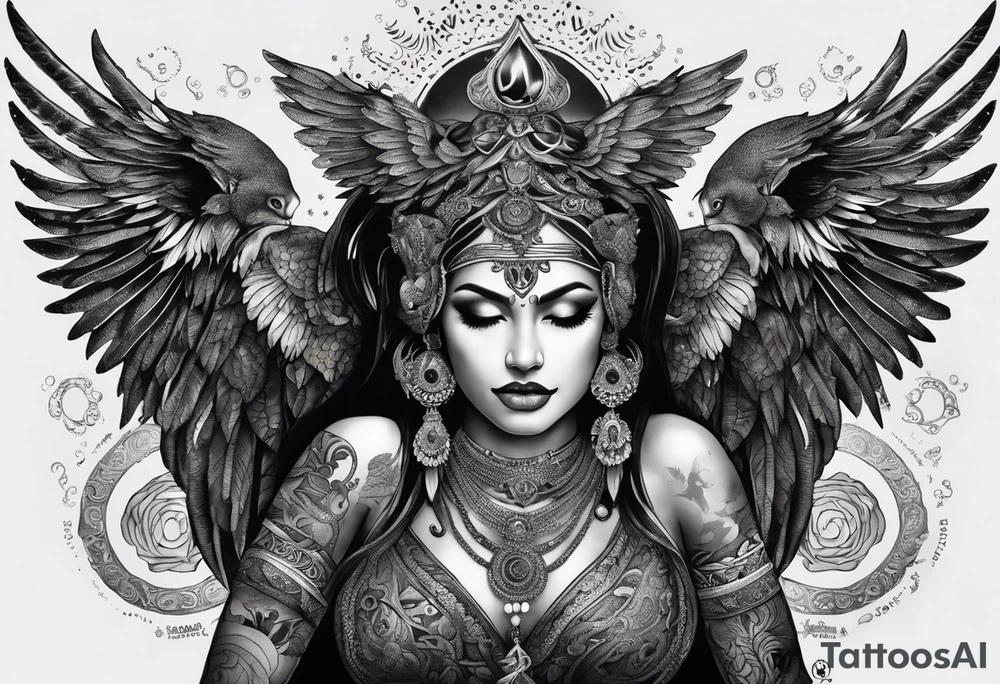 black kali, goddess pirate, alien, angel, pachamama, valkrye, warrior, flying, skull, lotus azul, wing, eagle, zenza resonance, stars, 5D, anahata chakra, death, durga, riding on a tiger, flying lady, kundalini, chest tatoo, samuri, rebel, serpent tattoo idea