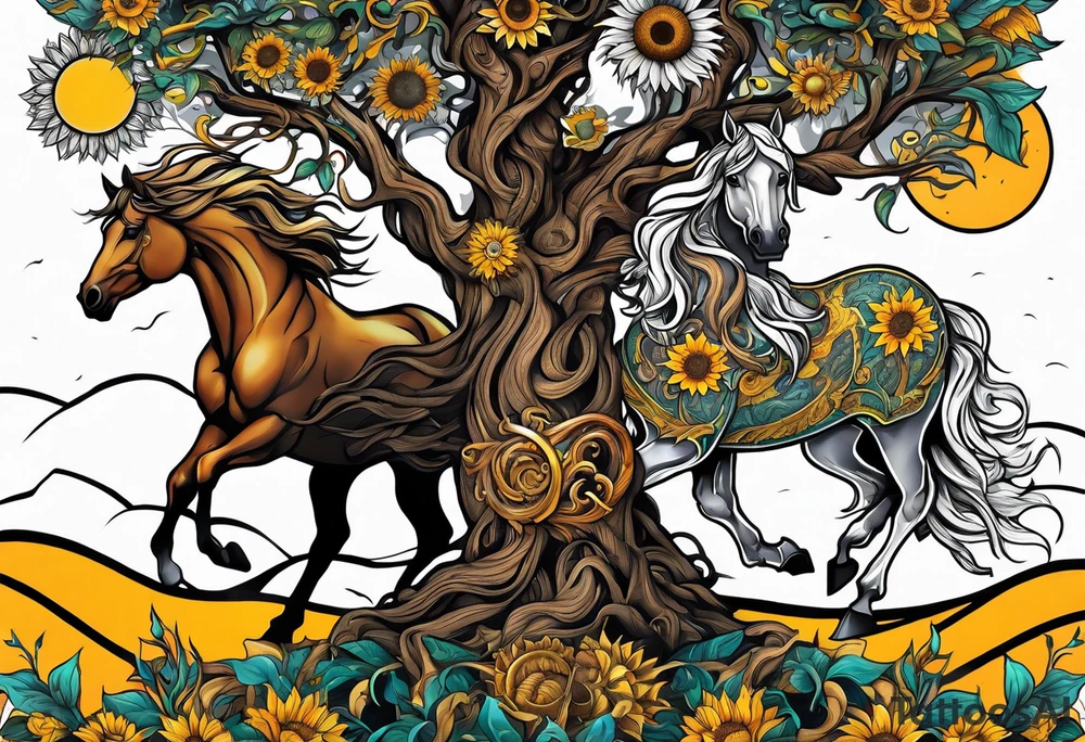 Yggdrasil tree, horse, sunflower tattoo idea