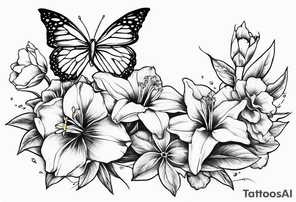 Butterfly, star and daffodils and morning glory tattoo idea