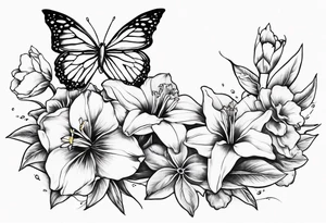 Butterfly, star and daffodils and morning glory tattoo idea