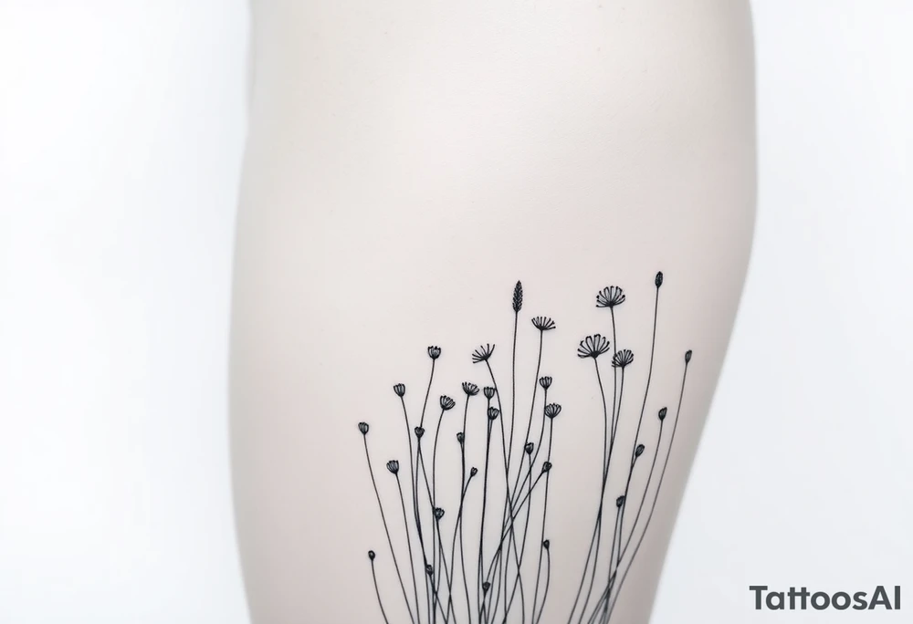 A field with long grass and flowers with mountains in the background tattoo idea