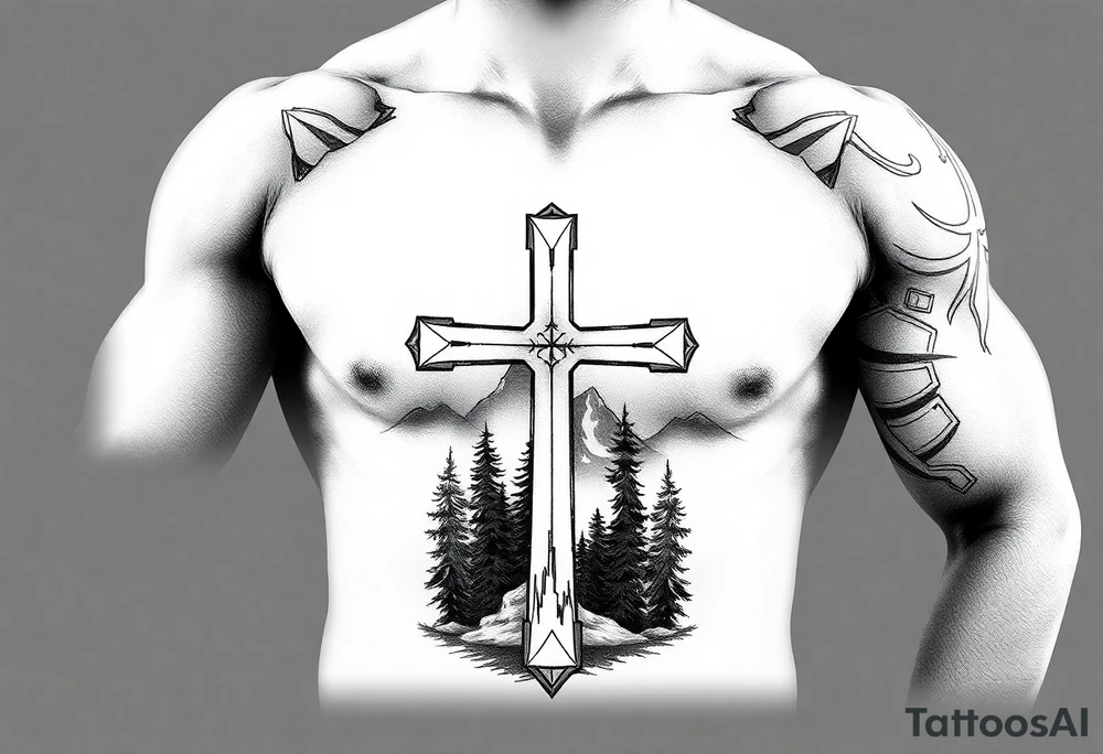 russian christian orthodox cross which is relatively small, with the diagonal line at the bottom with a light forrest with a light mountainous setting tattoo idea