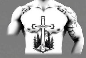 russian christian orthodox cross which is relatively small, with the diagonal line at the bottom with a light forrest with a light mountainous setting tattoo idea