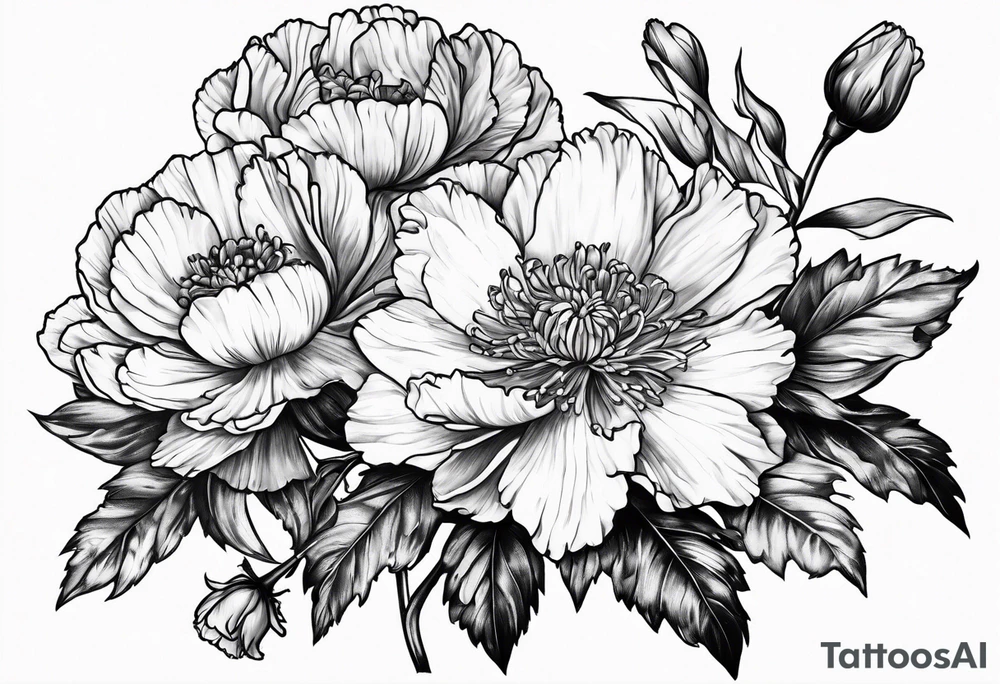 Carnations, aster, daffodil, poppy, hawthorn, water Lilly tattoo idea