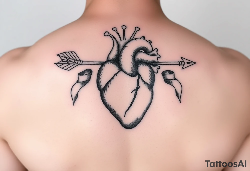 anatomical heart pierced by ornate arrow with flowing ribbons tattoo idea