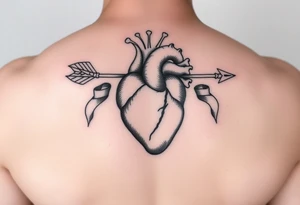 anatomical heart pierced by ornate arrow with flowing ribbons tattoo idea