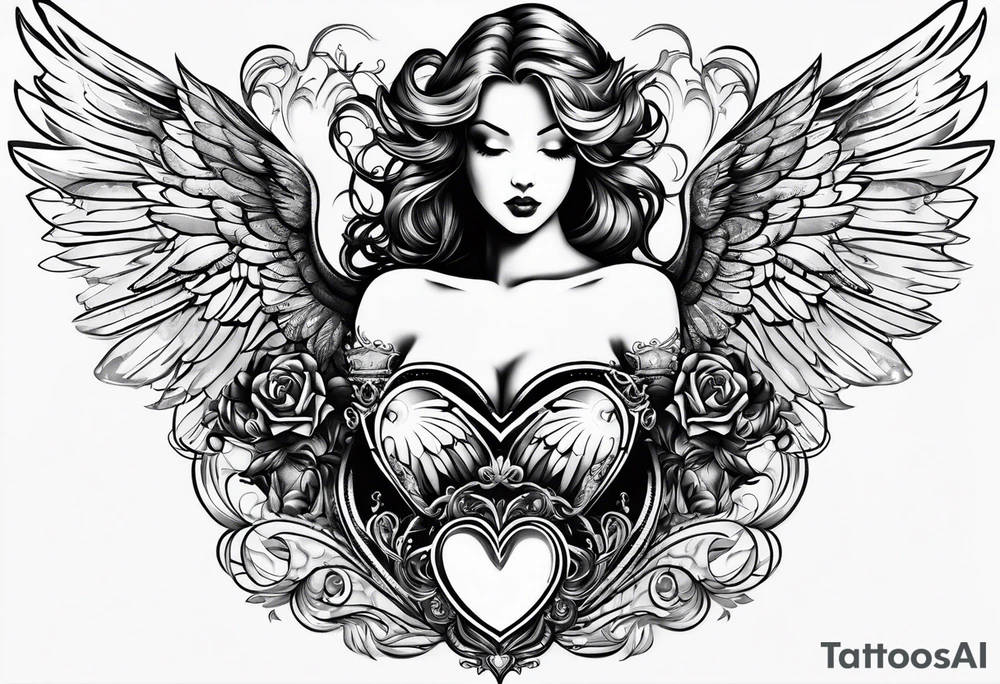 Y2K angel heart with wings and a corset in the middle tattoo idea