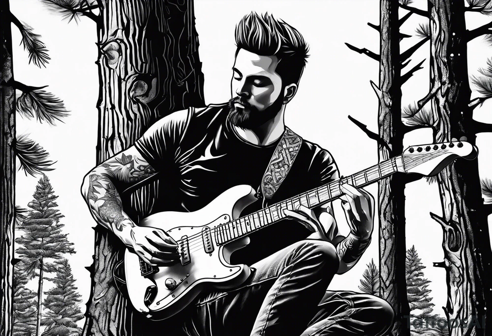 man playing electric guitar while sitting in a pine tree. simple tattoo idea
