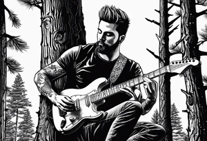 man playing electric guitar while sitting in a pine tree. simple tattoo idea