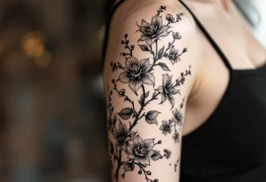 the flower spider lily from demon slayer and add cherry blossoms wrapped around upper arm tattoo idea