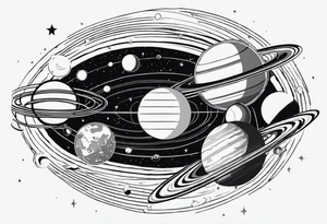 Fine line solar system tattoo of planets in orbit in alignment in a straight line tattoo idea