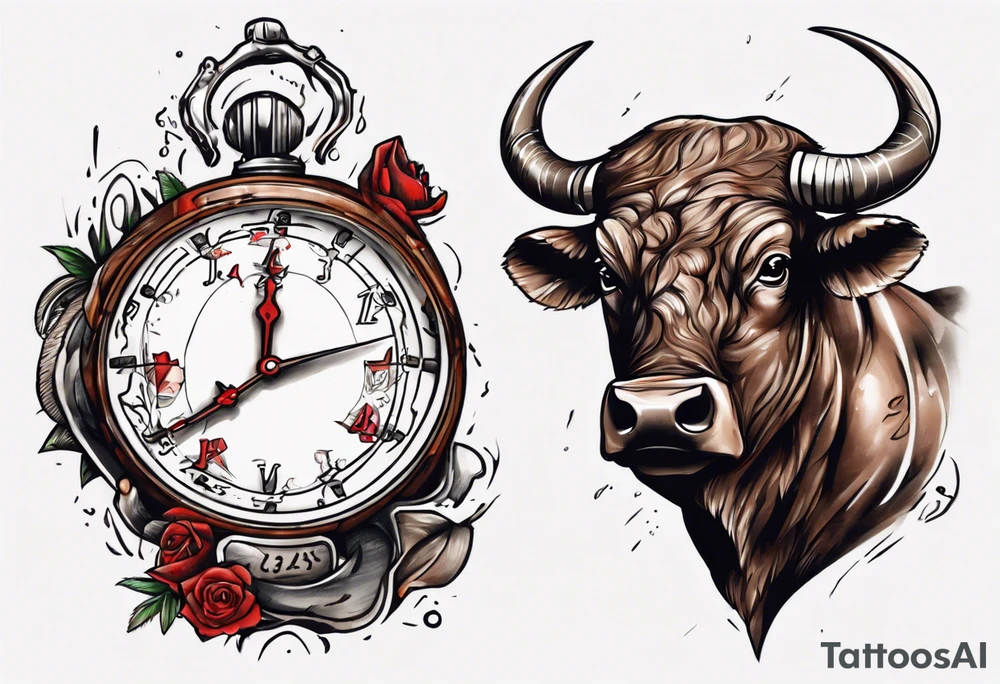 J'aimerai un taureau, et une horloge avec dedans mon chiffre 23, et à côté J'aimerai que tu rajoute une petite touche sur le football, tattoo idea