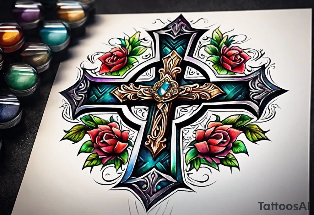 Cross made out of leather with watercolor background tattoo idea